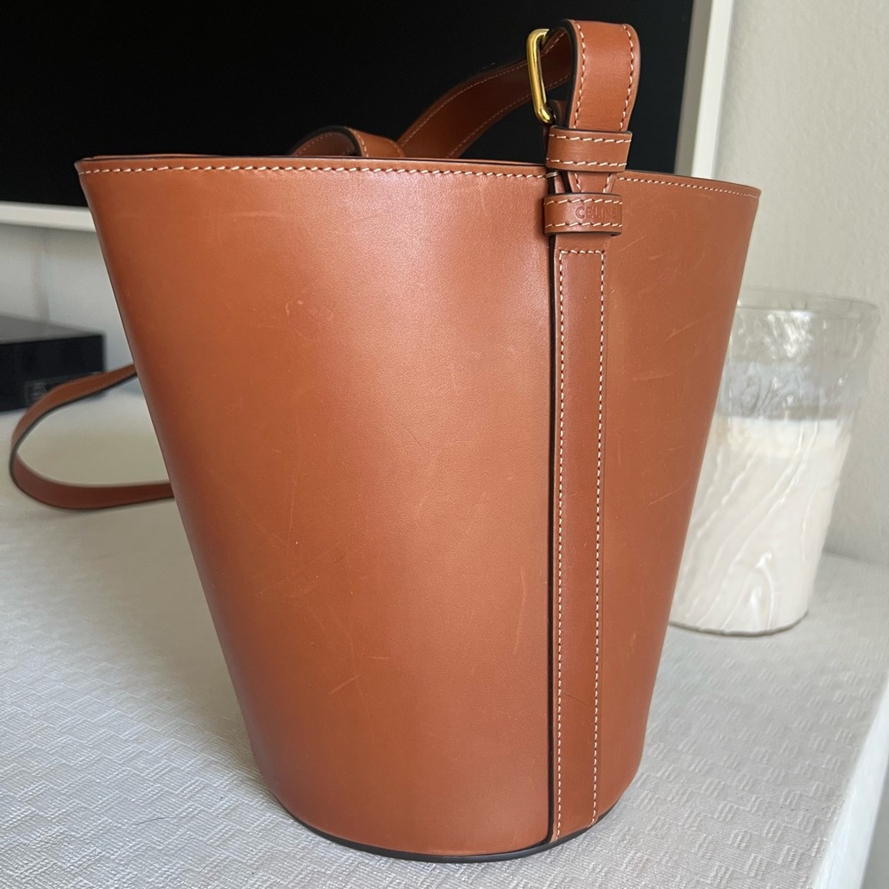 Celine Tan Leather Bucket Bag with Gold Accent - Picture 6 of 9